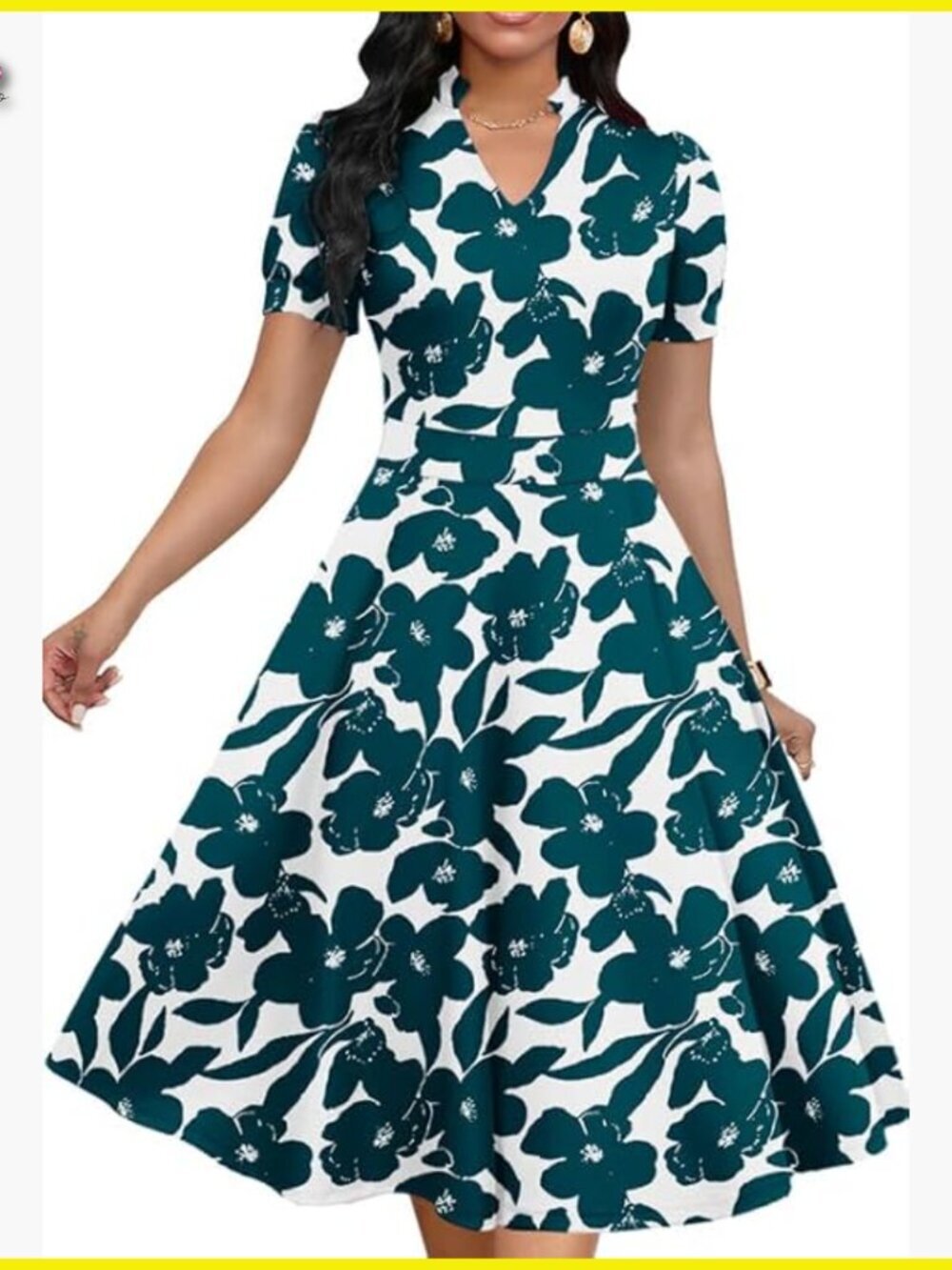 V-Neck Puff Sleeve A-Line Dress Elegant Cocktail Party Fit & Flare